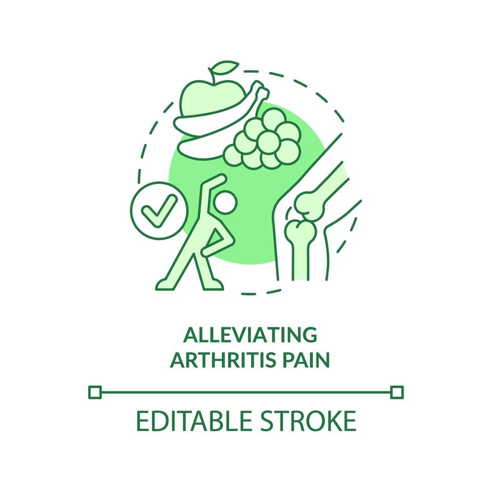 Alleviating arthritis pain green concept icon. Relieve symptoms. Vegan diet benefit abstract idea thin line illustration. Isolated outline drawing. Editable stroke. vector