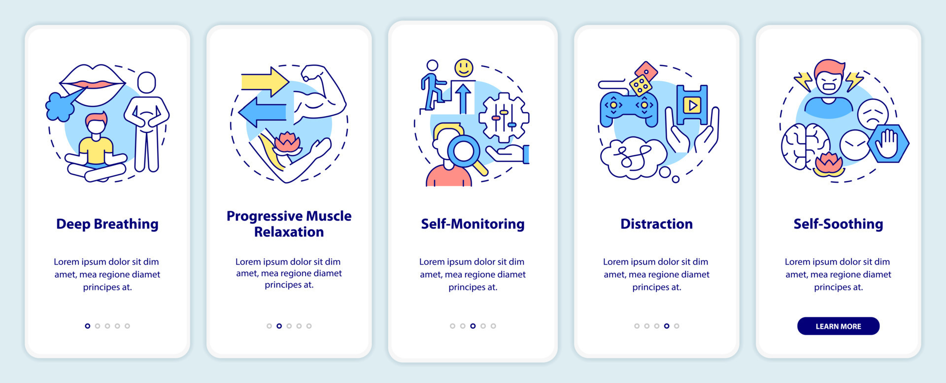 PTSD coping strategies onboarding mobile app screen. Healthcare