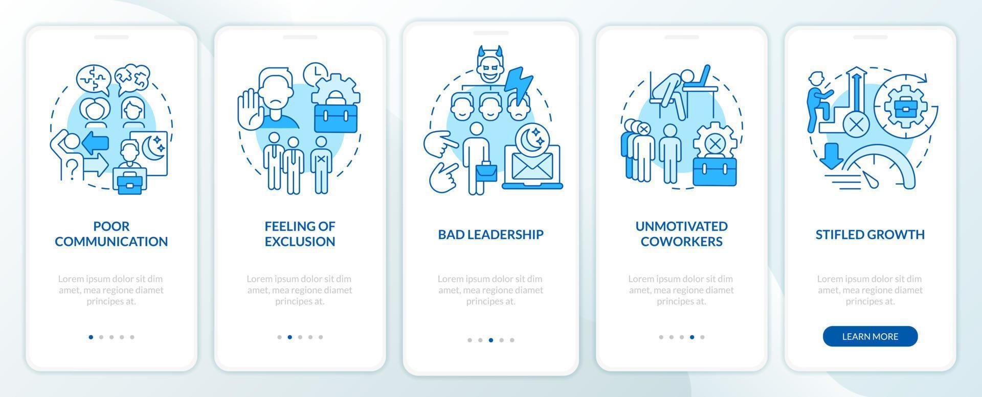 Signs of toxic workplace blue onboarding mobile app screen. Walkthrough 5 steps graphic instructions pages with linear concepts. UI, UX, GUI template. vector