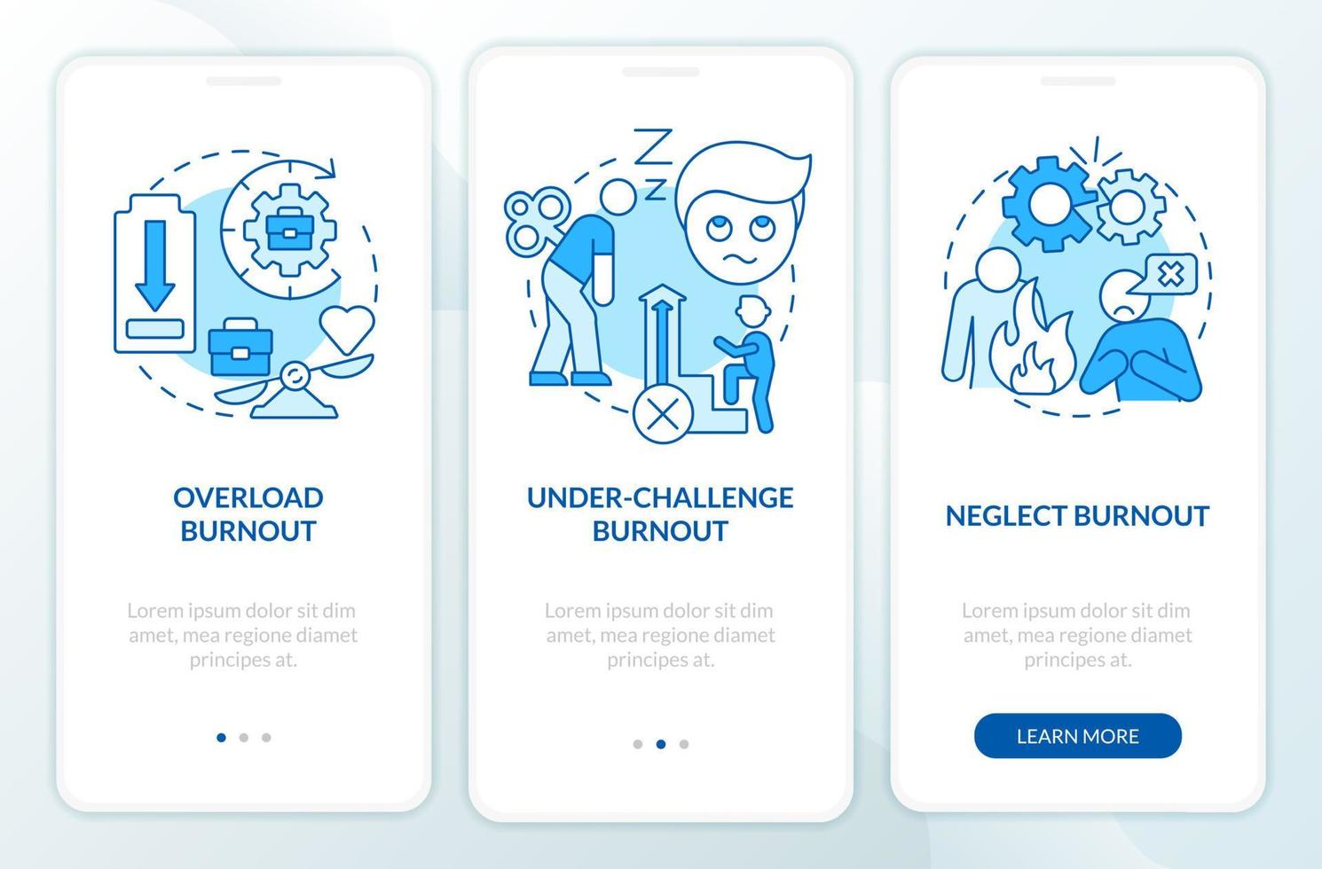Types of burnout blue onboarding mobile app screen. Work related stress walkthrough 3 steps graphic instructions pages with linear concepts. UI, UX, GUI template. vector