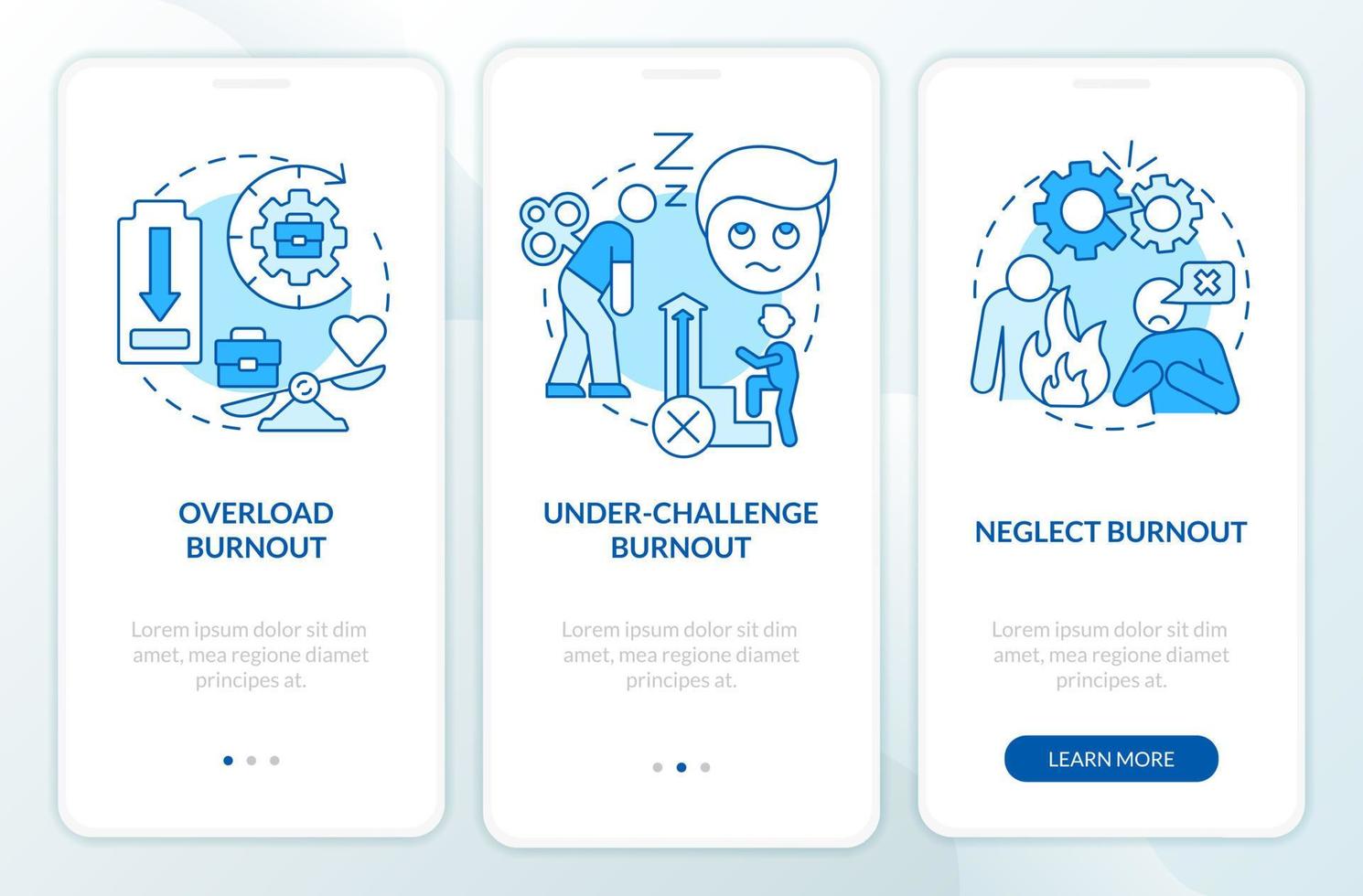 tipos de pantalla de aplicación móvil de incorporación azul quemada. Recorrido sobre el estrés relacionado con el trabajo Páginas de instrucciones gráficas de 3 pasos con conceptos lineales. interfaz de usuario, ux, plantilla de interfaz gráfica de usuario. vector