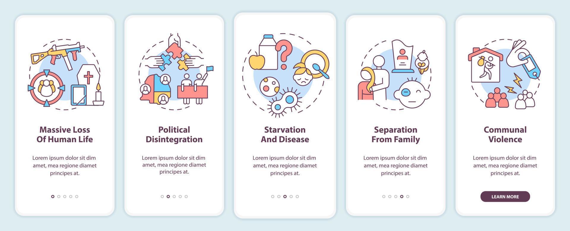 Armed conflicts effects onboarding mobile app screen. Massive human loss walkthrough 5 steps graphic instructions pages with linear concepts. UI, UX, GUI template. vector