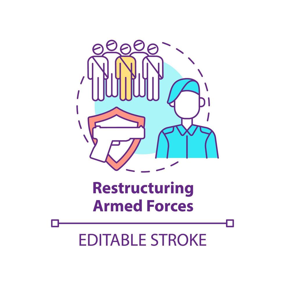 Restructuring armed forces concept icon. Rebuilding nation from war abstract idea thin line illustration. Soldier training. Isolated outline drawing. Editable stroke. vector