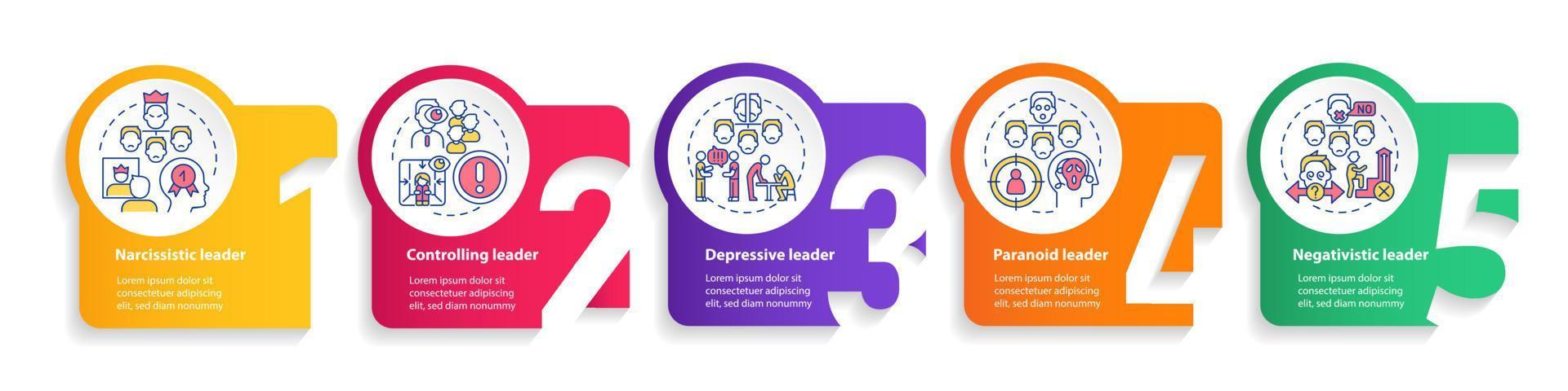 tipos de plantillas infográficas circulares de jefes tóxicos. líder abusivo. visualización de datos con 5 pasos. gráfico de información de la línea de tiempo del proceso. diseño de flujo de trabajo con iconos de línea. vector