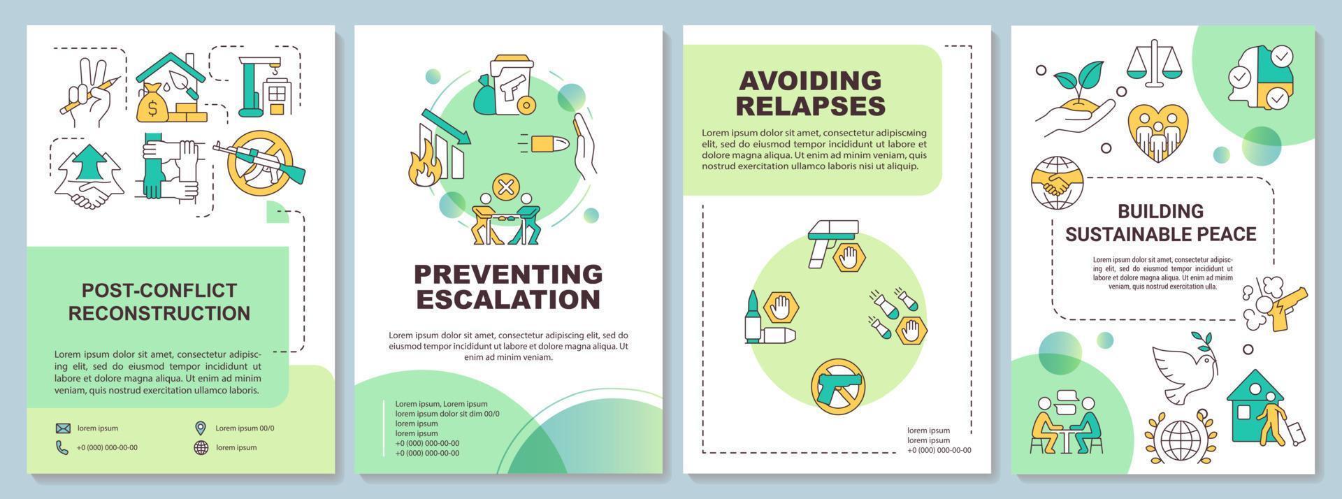 Post conflict recovery green brochure template. Preventing escalation. Leaflet design with linear icons. 4 vector layouts for presentation, annual reports.