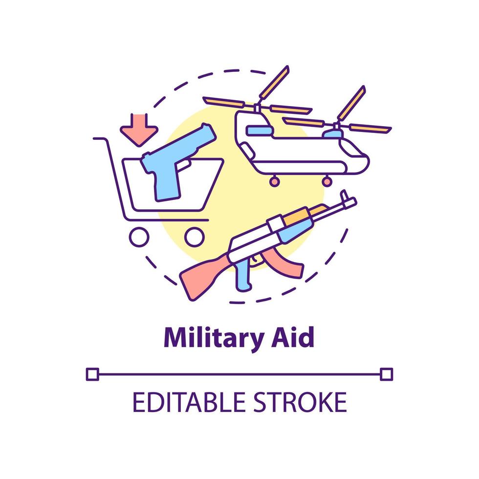 Military aid concept icon. Type of international aid abstract idea thin line illustration. Lethal weapons. Guns, aircraft. Isolated outline drawing. Editable stroke. vector