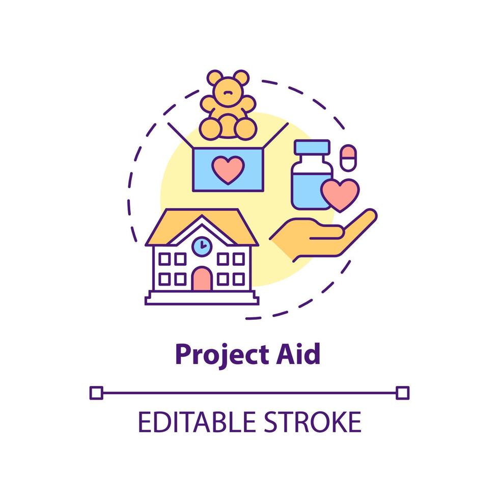 Project aid concept icon. Type of overseas aid abstract idea thin line illustration. Providing building materials. Isolated outline drawing. Editable stroke. vector