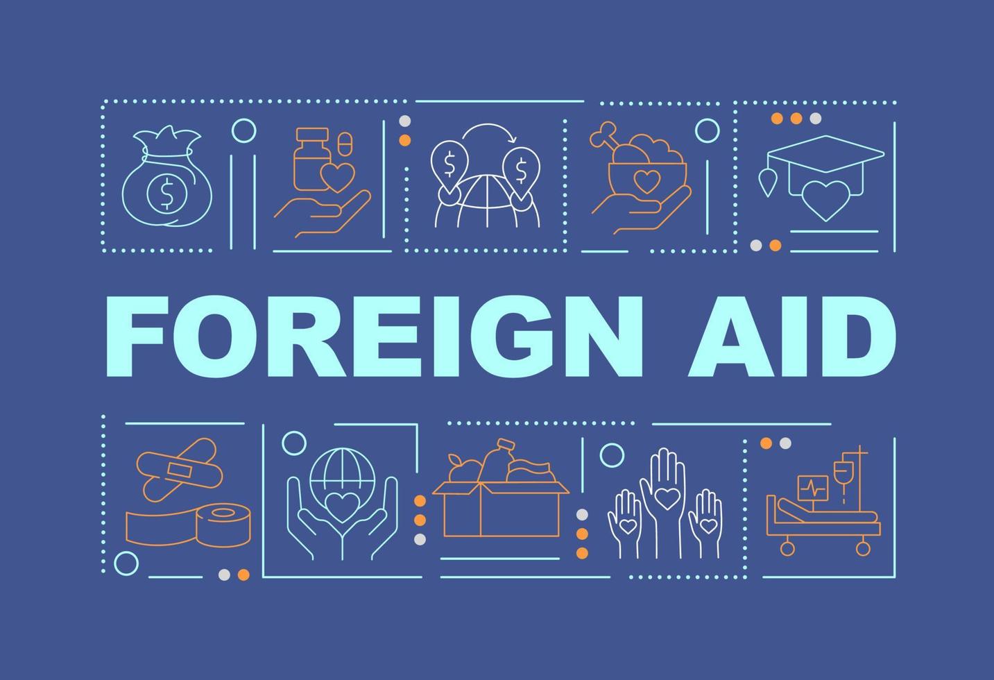 Overseas aid word concepts dark blue banner. Financial contributions. Infographics with icons on color background. Isolated typography. Vector illustration with text.