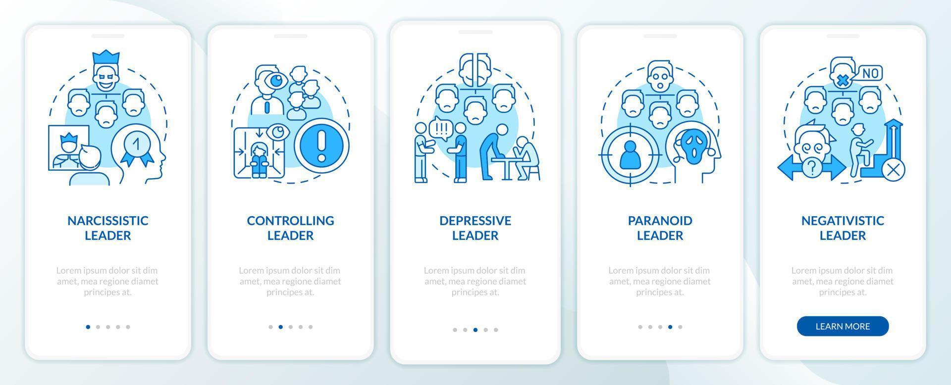 Types of toxic leaders blue onboarding mobile app screen. Walkthrough 5 steps graphic instructions pages with linear concepts. UI, UX, GUI template. vector