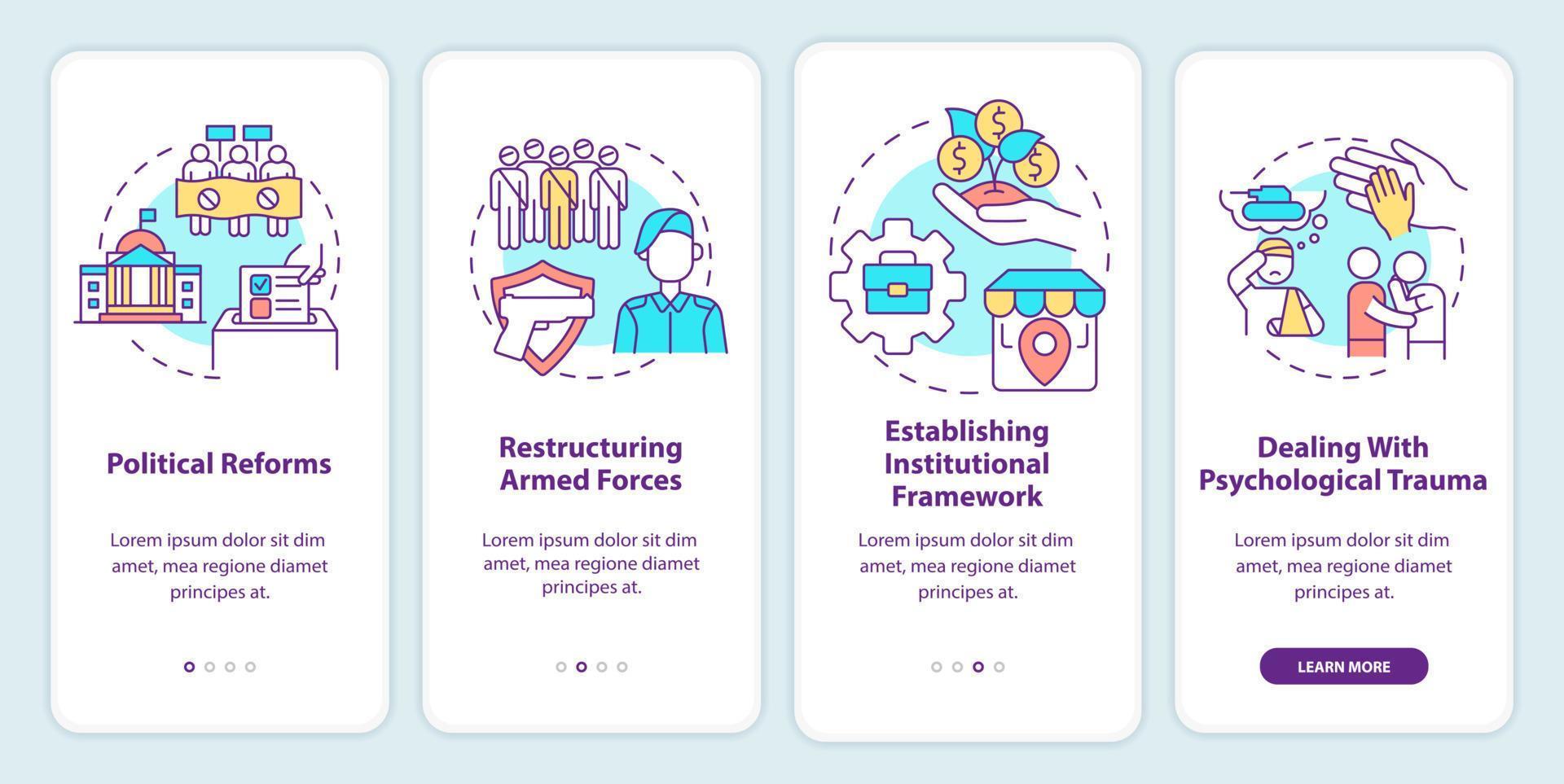 Rebuilding nation onboarding mobile app screen. Institutional framework walkthrough 4 steps graphic instructions pages with linear concepts. UI, UX, GUI template. vector