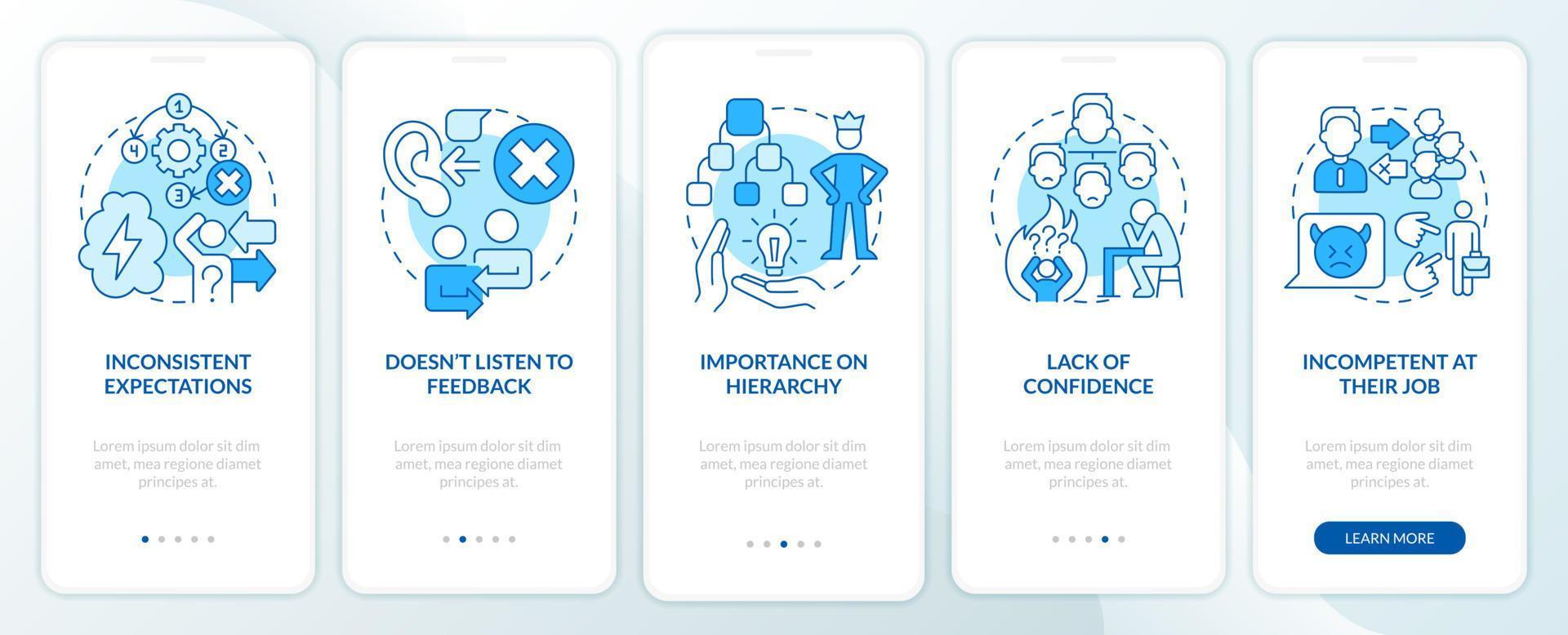 Toxic leader traits blue onboarding mobile app screen. Walkthrough 5 steps graphic instructions pages with linear concepts. UI, UX, GUI template. vector