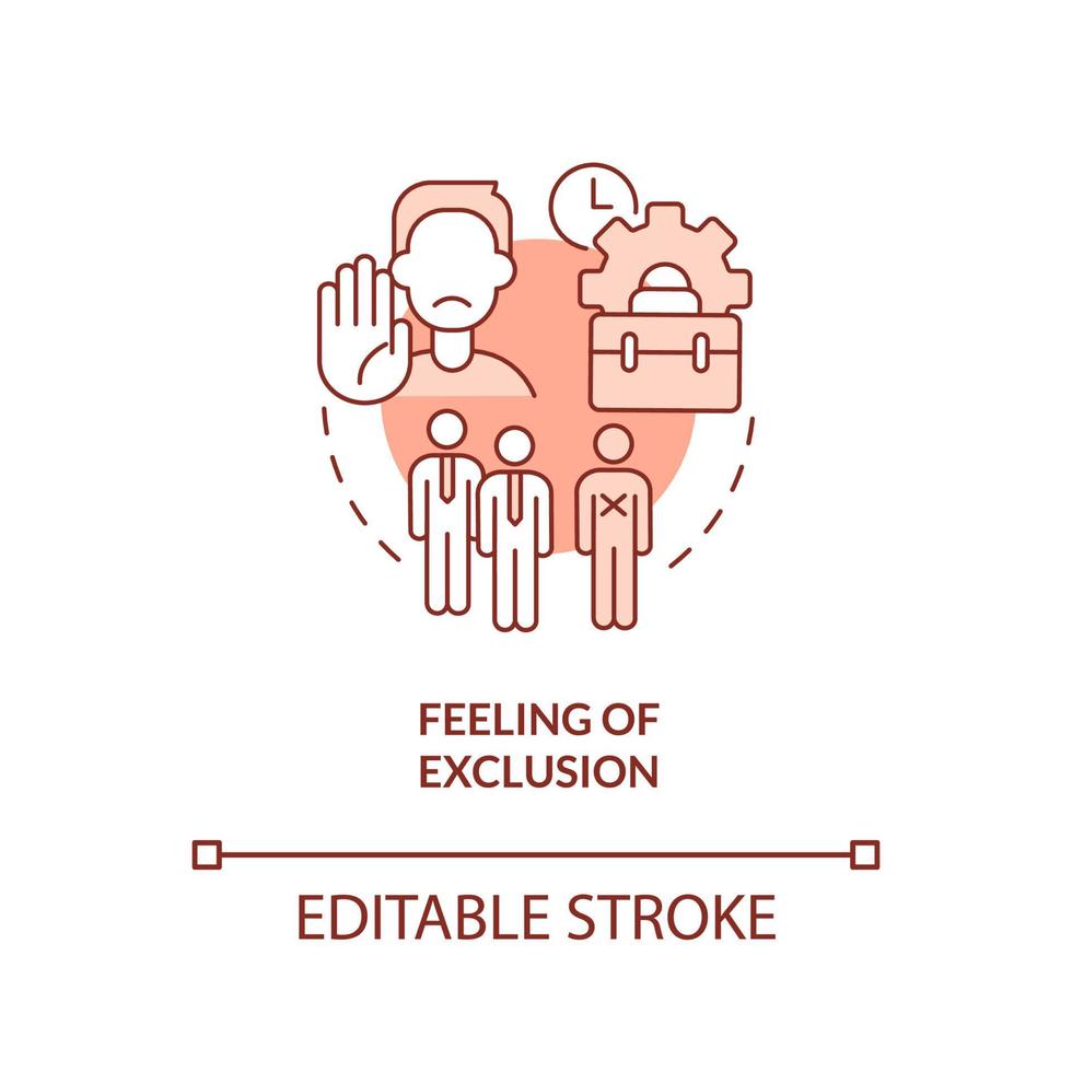 Feeling of exclusion red concept icon. Social isolation. Sign of toxic workplace abstract idea thin line illustration. Isolated outline drawing. Editable stroke. vector