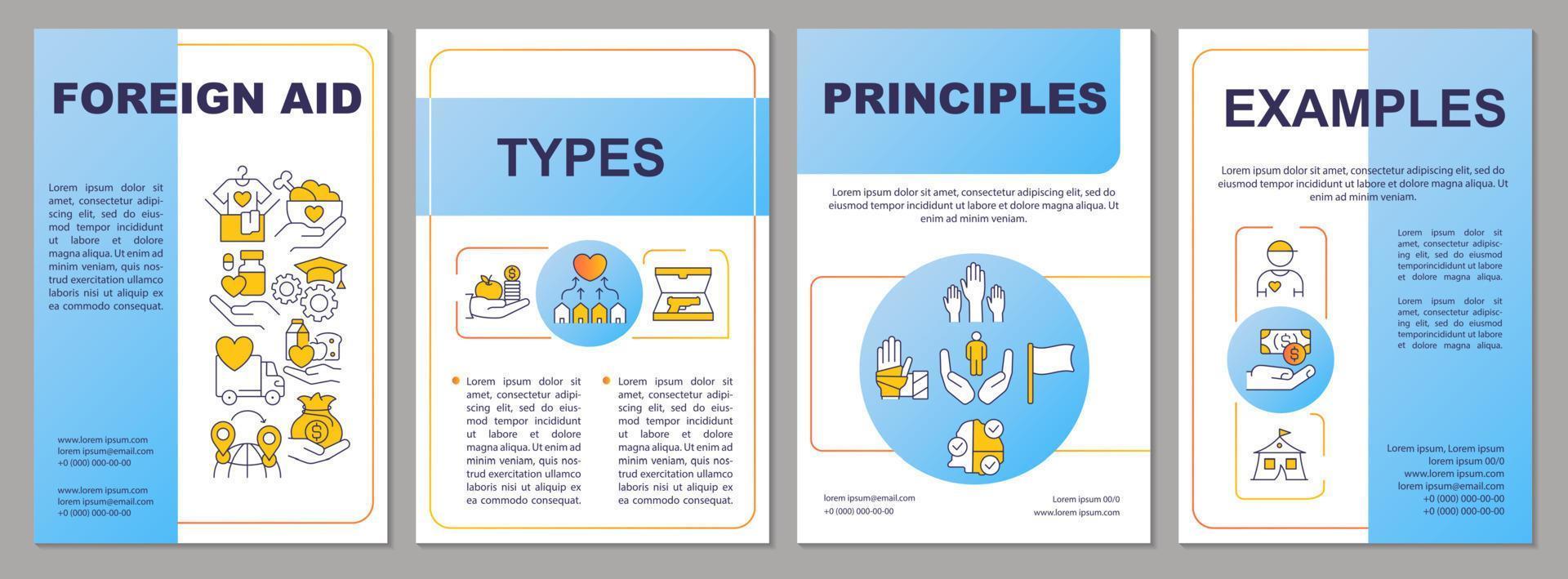 Foreign humanitarian assistance blue brochure template. Overseas aid. Leaflet design with linear icons. 4 vector layouts for presentation, annual reports.