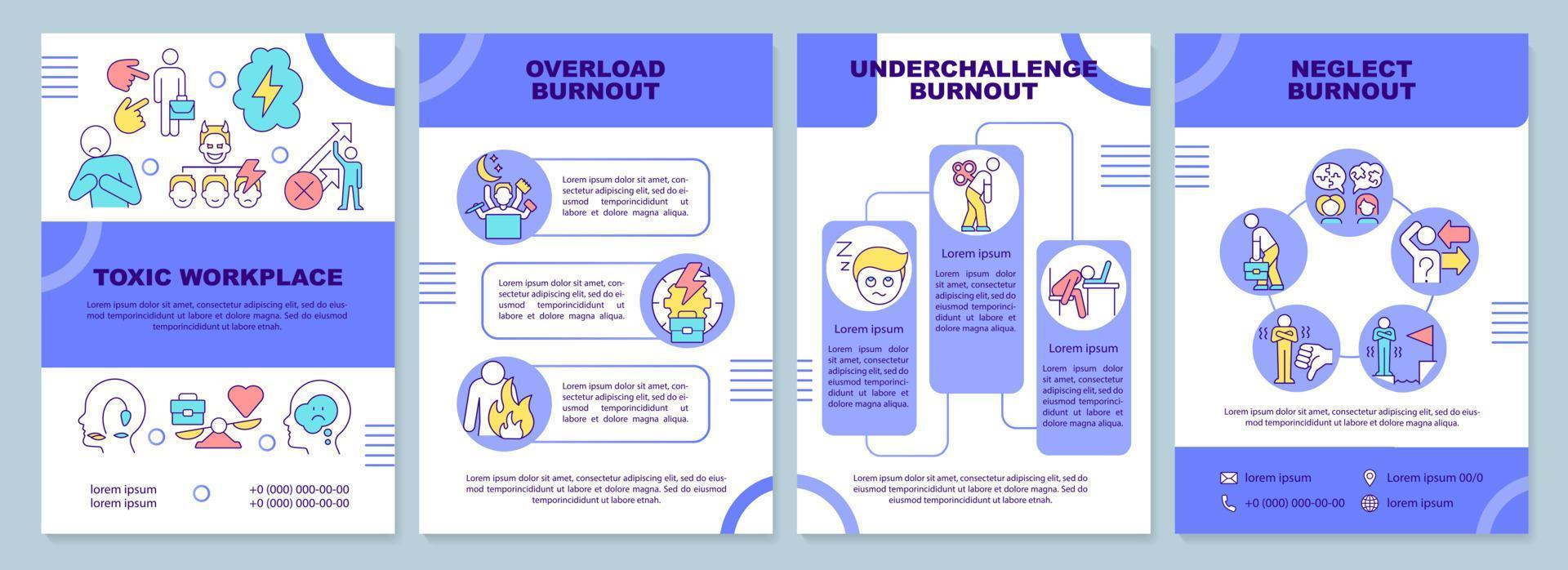 Types of burnout brochure template. Overworking and stress. Leaflet design with linear icons. 4 vector layouts for presentation, annual reports.