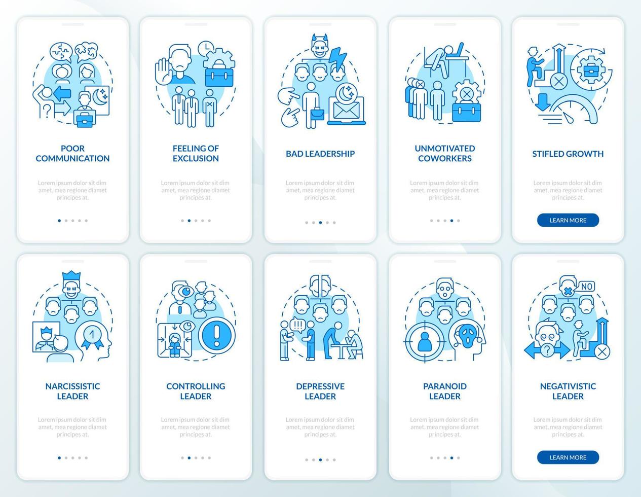 Toxic work environment blue onboarding mobile app screen set. Walkthrough 5 steps graphic instructions pages with linear concepts. UI, UX, GUI template. vector