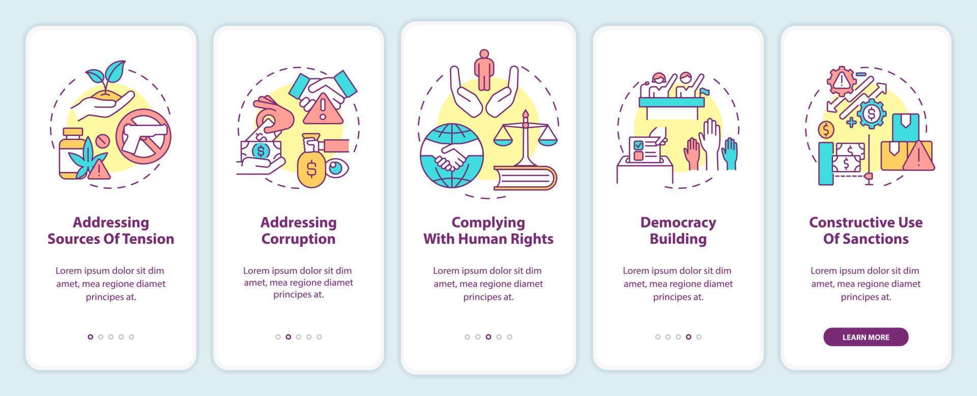 Preventing armed conflicts onboarding mobile app screen. Democracy walkthrough 5 steps graphic instructions pages with linear concepts. UI, UX, GUI template. vector