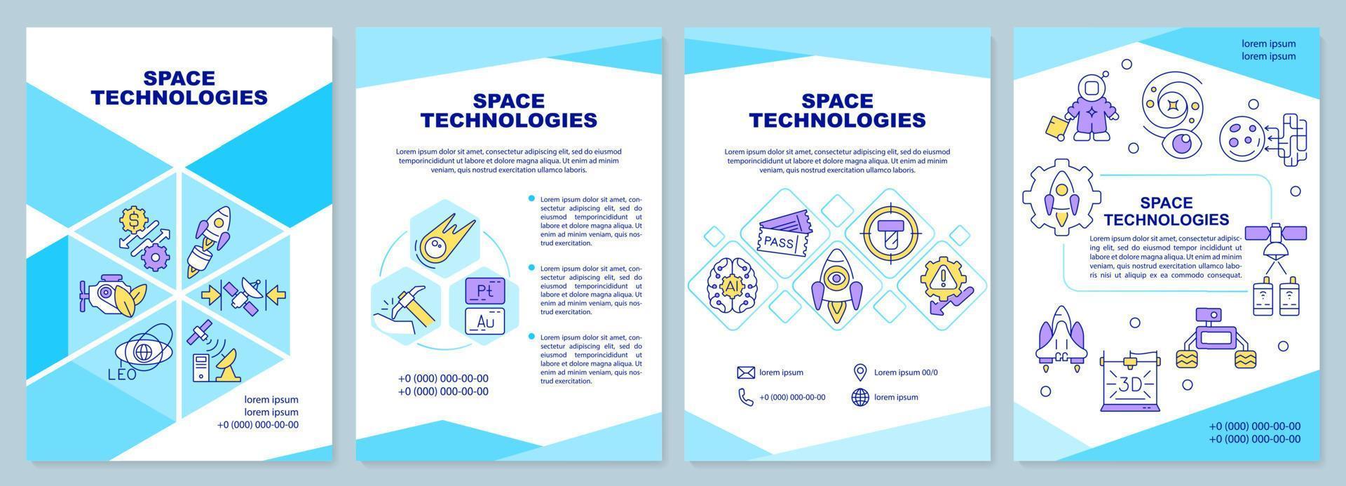 Space technologies blue brochure template. Equipment for exploration. Leaflet design with linear icons. 4 vector layouts for presentation, annual reports.