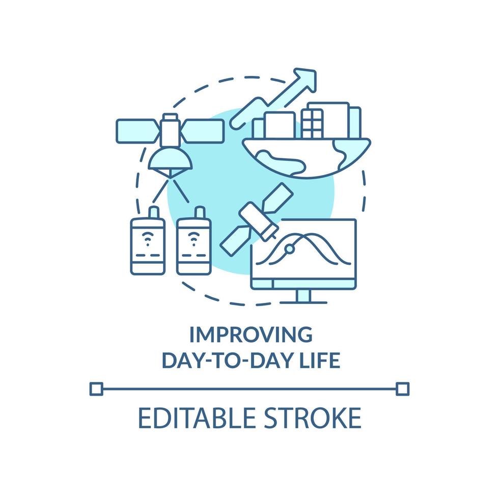 Improving day to day life turquoise concept icon. Space exploration benefit abstract idea thin line illustration. Isolated outline drawing. Editable stroke. vector