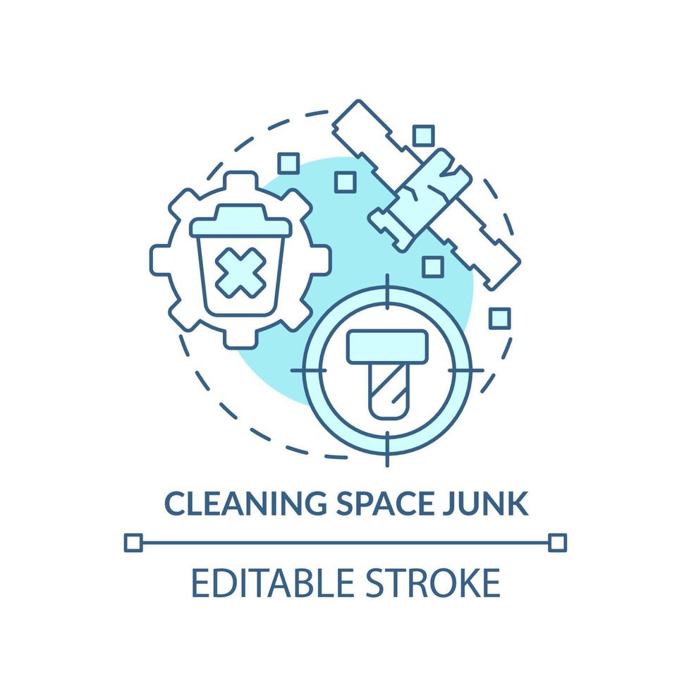 Cleaning space junk turquoise concept icon. Removing trash. Space technology abstract idea thin line illustration. Isolated outline drawing. Editable stroke. vector