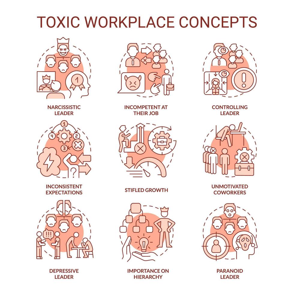 Toxic workplace red concept icons set. Toxic leader. Unhealthy work environment idea thin line color illustrations. Isolated symbols. Editable stroke. vector