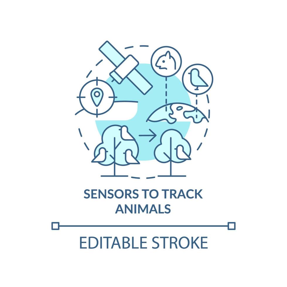 Sensors to track animals turquoise concept icon. Space technology and climate change abstract idea thin line illustration. Isolated outline drawing. Editable stroke. vector