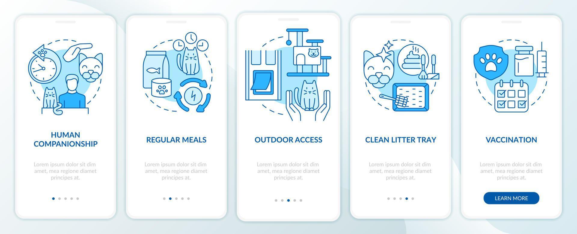 manteniendo saludable al gato de interior pantalla de aplicación móvil de incorporación azul. tutorial 5 pasos páginas de instrucciones gráficas con conceptos lineales. interfaz de usuario, ux, plantilla de interfaz gráfica de usuario vector