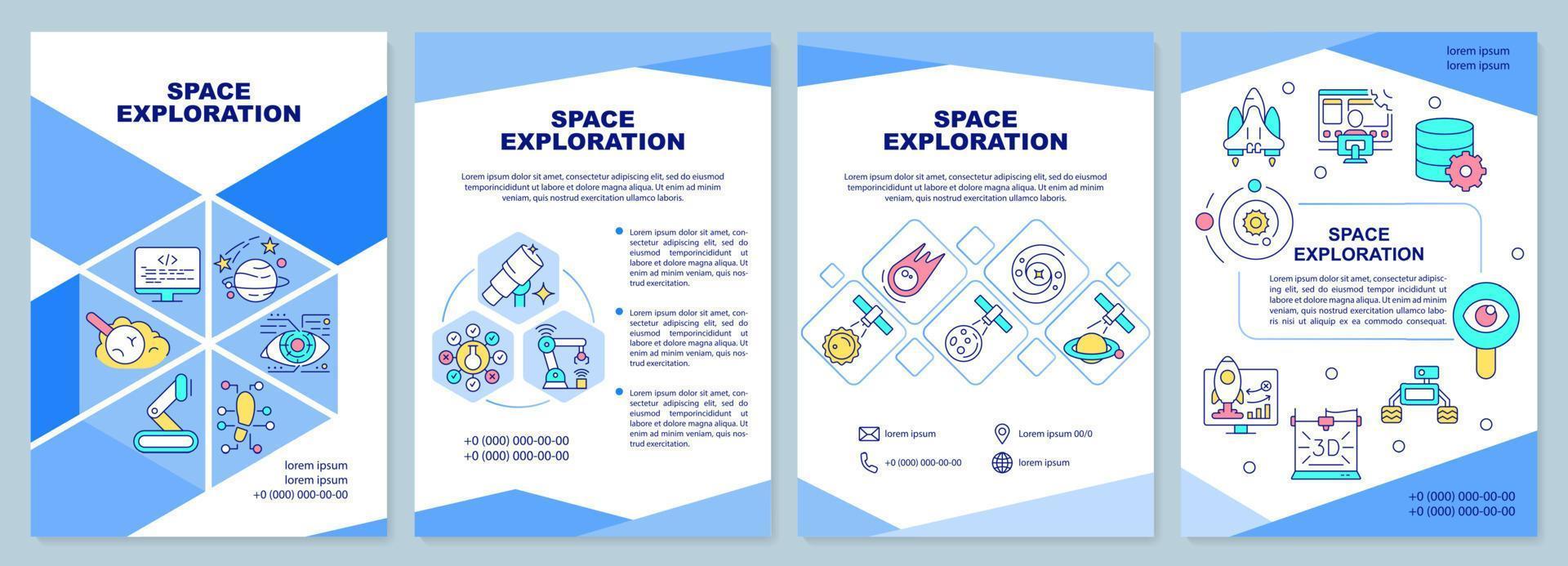 plantilla de folleto azul de exploración espacial. investigación del cosmos. diseño de folletos con iconos lineales. 4 diseños vectoriales para presentación, informes anuales. vector