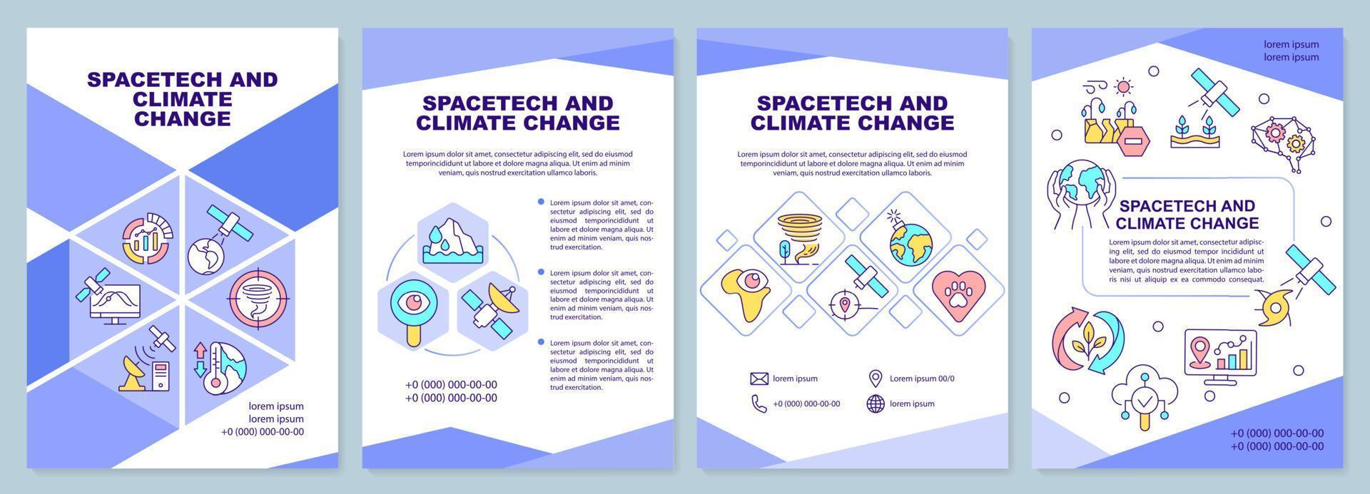 Spacetech and climate change blue brochure template. Ecology protection. Leaflet design with linear icons. 4 vector layouts for presentation, annual reports.