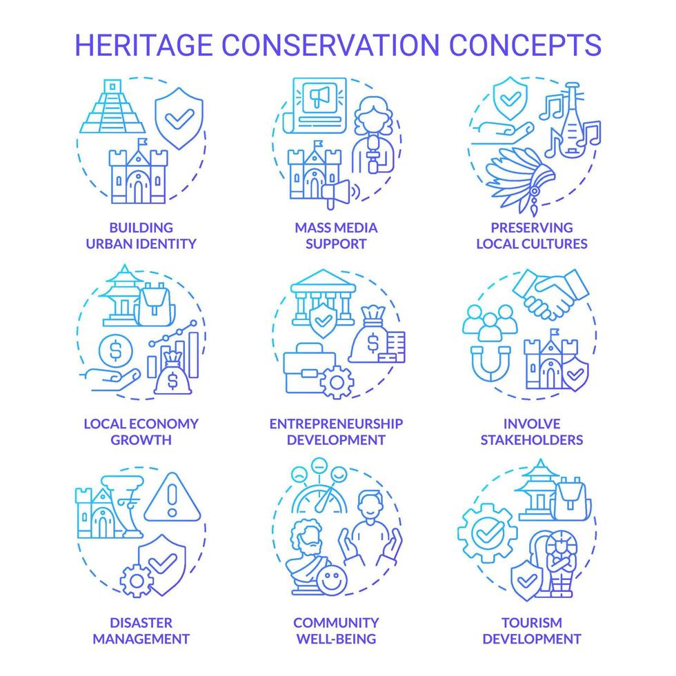 Heritage conservation blue gradient concept icons set. Saving cultural artifacts idea thin line color illustrations. Isolated symbols. Editable stroke. vector