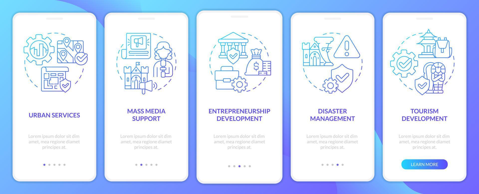 Developmental activities blue gradient onboarding mobile app screen. Walkthrough 5 steps graphic instructions pages with linear concepts. UI, UX, GUI template. vector