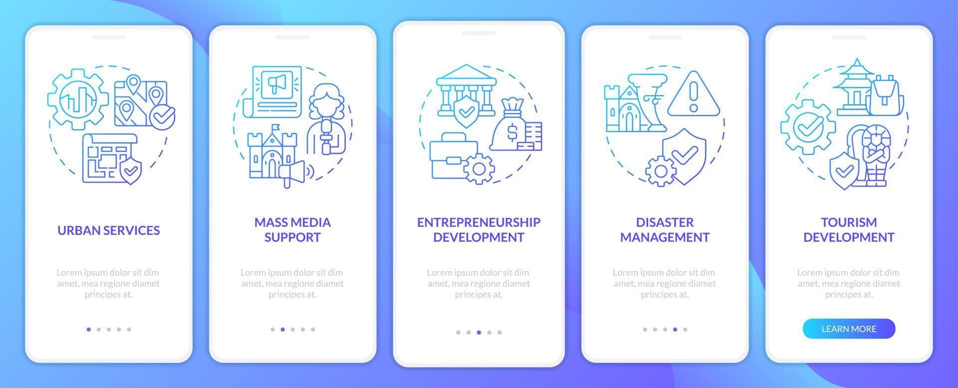 Developmental activities blue gradient onboarding mobile app screen. Walkthrough 5 steps graphic instructions pages with linear concepts. UI, UX, GUI template. vector