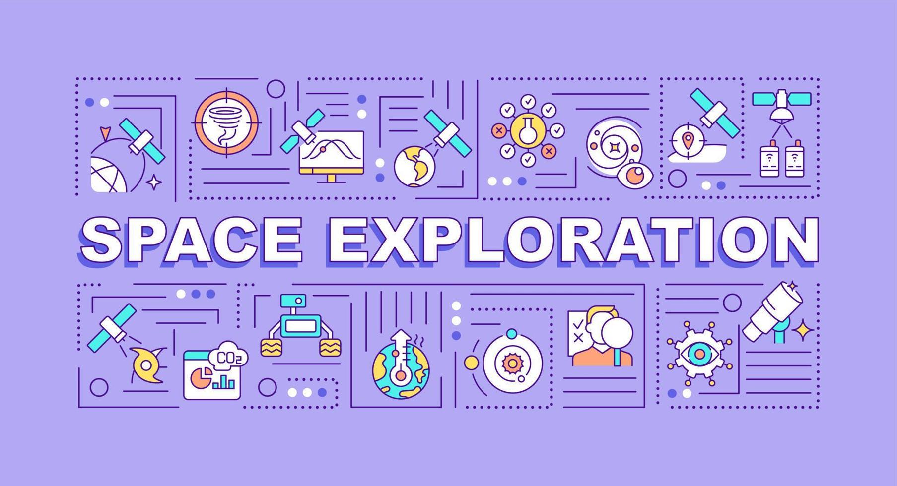 banner púrpura de conceptos de palabras de exploración espacial. investigación del espacio exterior. infografías con iconos sobre fondo de color. tipografía aislada. ilustración vectorial con texto. vector