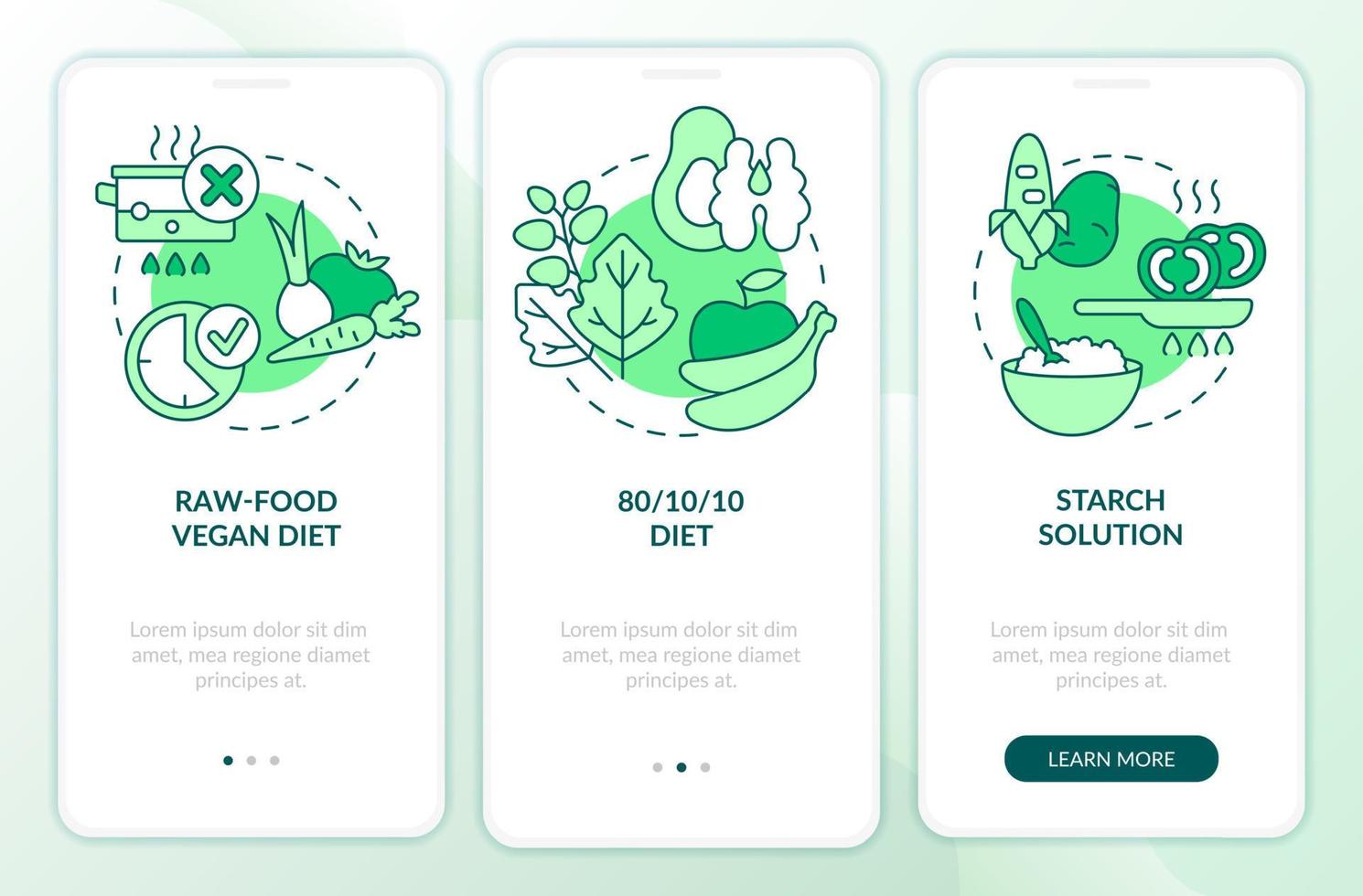 Varieties of vegan diet green onboarding mobile app screen. Walkthrough 3 steps graphic instructions pages with linear concepts. UI, UX, GUI template. vector