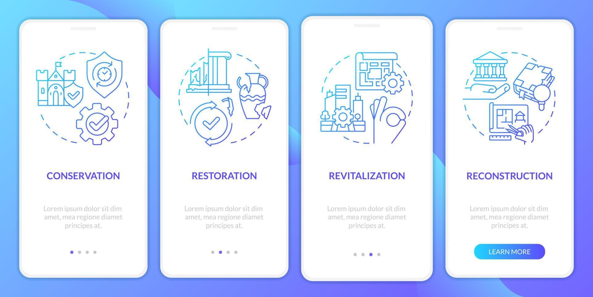 Heritage preservation blue gradient onboarding mobile app screen. Walkthrough 4 steps graphic instructions pages with linear concepts. UI, UX, GUI template. vector