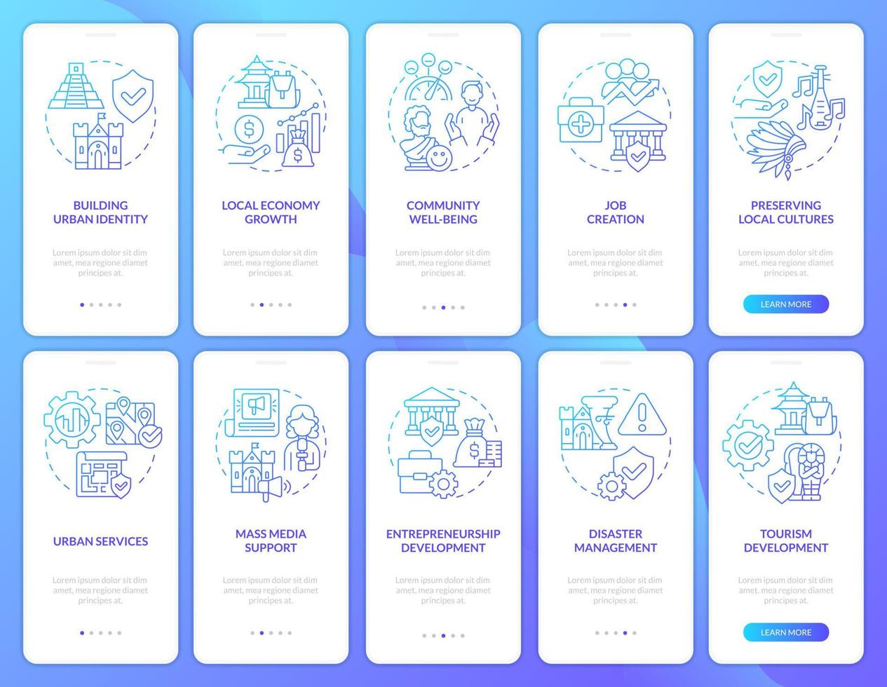 conjunto de pantalla de aplicación móvil de incorporación de degradado azul de conservación del patrimonio. tutorial 5 pasos páginas de instrucciones gráficas con conceptos lineales. interfaz de usuario, ux, plantilla de interfaz gráfica de usuario. vector