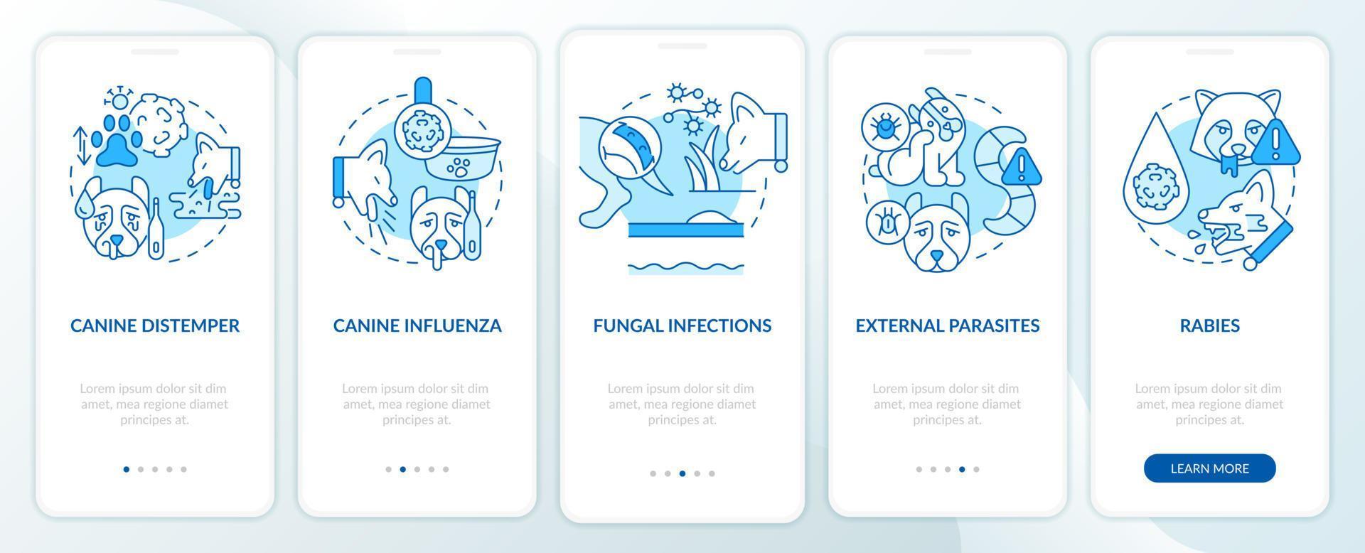 Common health concerns for dogs blue onboarding mobile app screen. Walkthrough 5 steps graphic instructions pages with linear concepts. UI, UX, GUI template vector