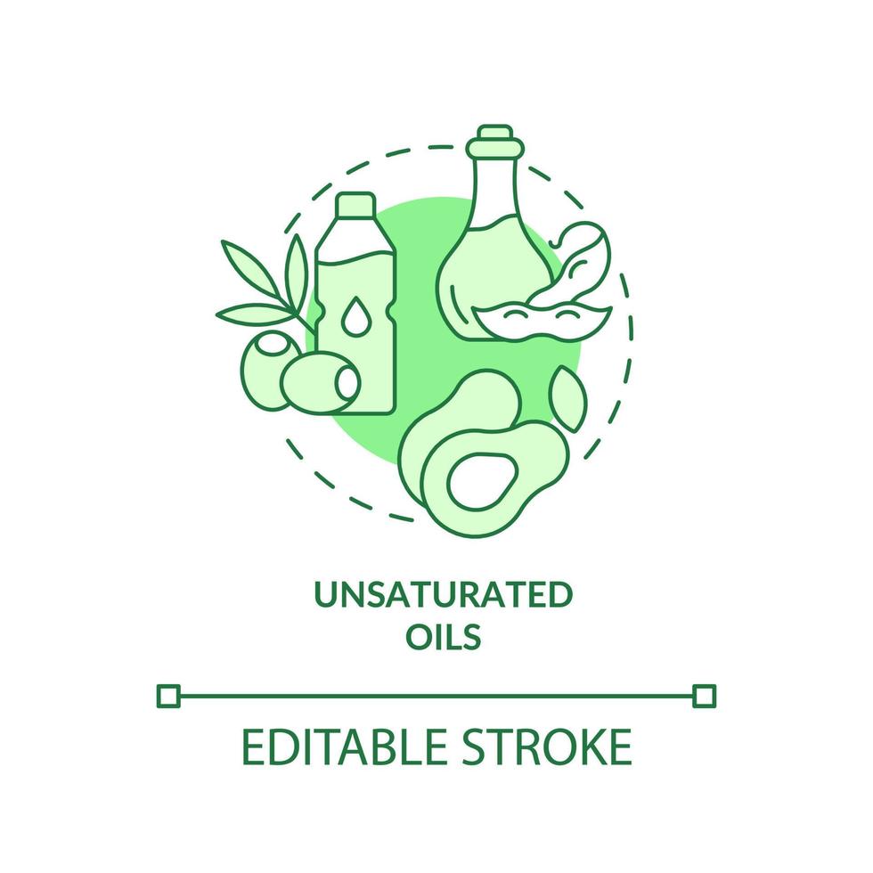 Unsaturated oils green concept icon. Vegetable and seeds fats. Vegan lifestyle tip abstract idea thin line illustration. Isolated outline drawing. Editable stroke. vector