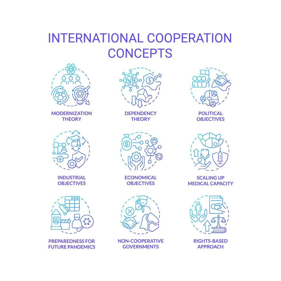 International cooperation blue gradient concept icons set. Integration for development idea thin line color illustrations. Isolated symbols. Editable stroke vector