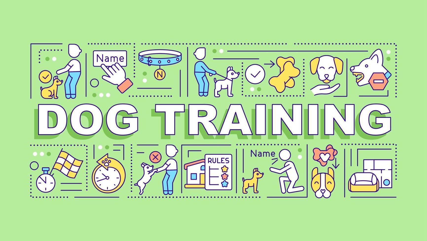 Dog training word concepts green banner. Professional pet trainer. Infographics with icons on color background. Isolated typography. Vector illustration with text