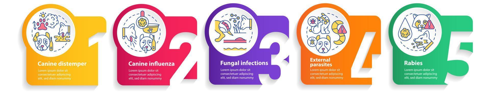 problemas de salud comunes para la plantilla infográfica circular de perros. visualización de datos con 5 pasos. gráfico de información de la línea de tiempo del proceso. diseño de flujo de trabajo con iconos de línea vector