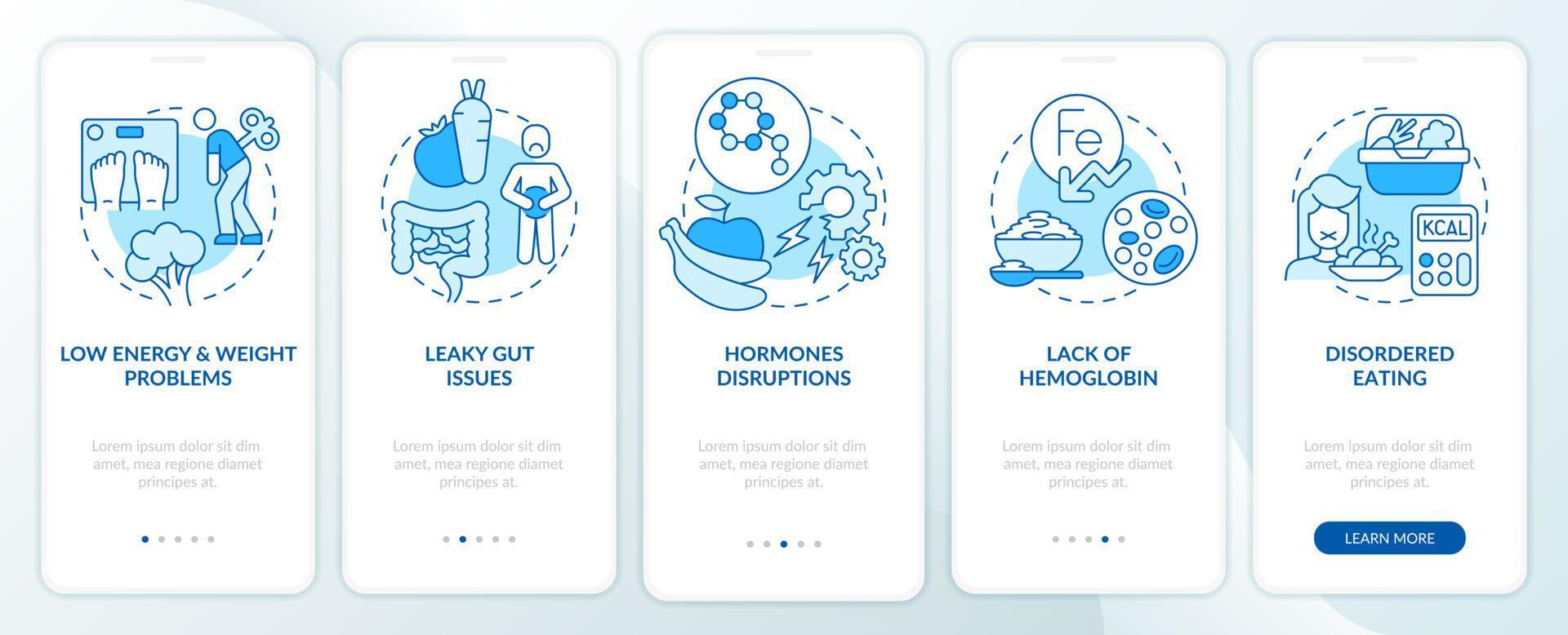 Side effects of veganism blue onboarding mobile app screen. Walkthrough 5 steps graphic instructions pages with linear concepts. UI, UX, GUI template. vector
