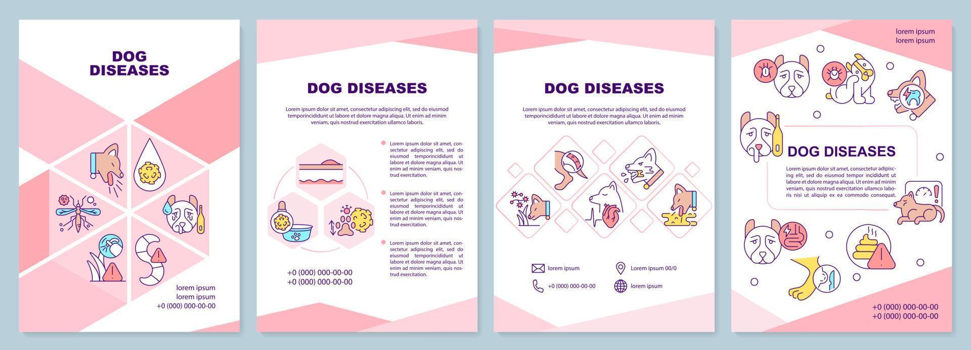 Dog diseases pink brochure template. Causes and treatment. Leaflet design with linear icons. 4 vector layouts for presentation, annual reports