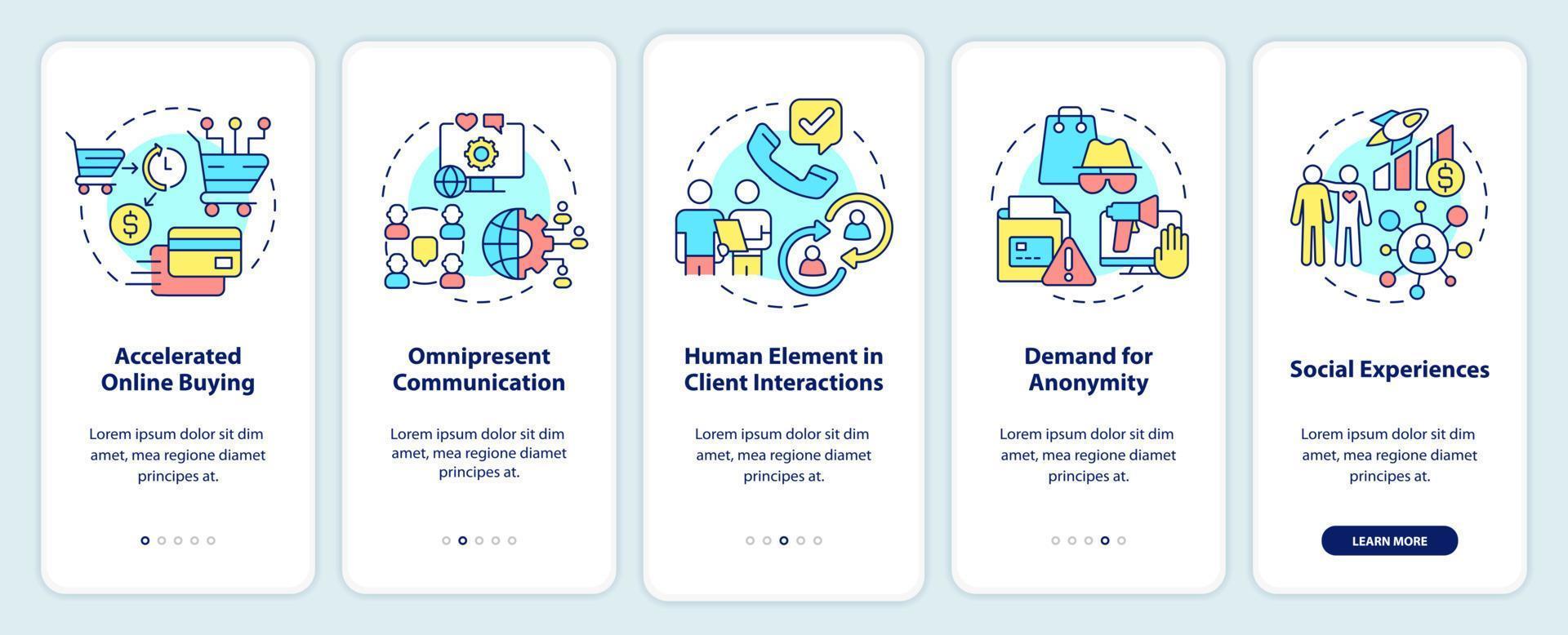 tendencias de comportamiento del cliente al incorporar la pantalla de la aplicación móvil. tutorial 5 pasos páginas de instrucciones gráficas con conceptos lineales. interfaz de usuario, ux, plantilla de interfaz gráfica de usuario. vector