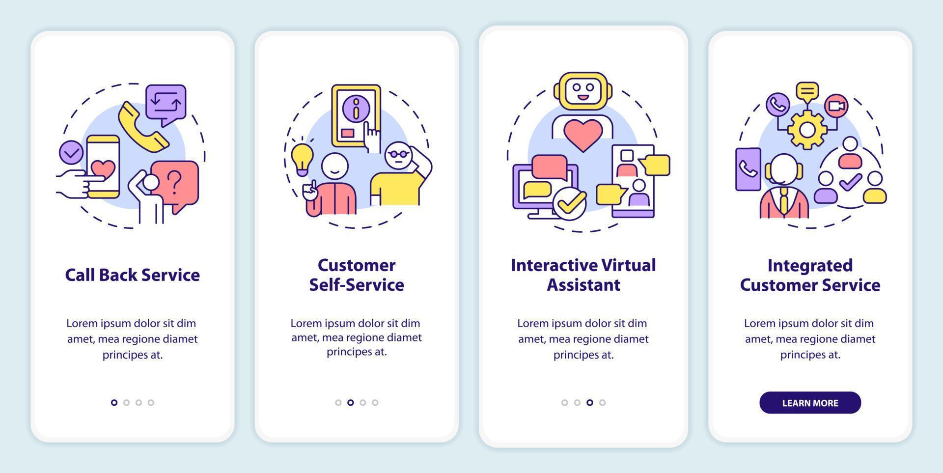 Types of customer service onboarding mobile app screen. Walkthrough 4 steps graphic instructions pages with linear concepts. UI, UX, GUI template. vector