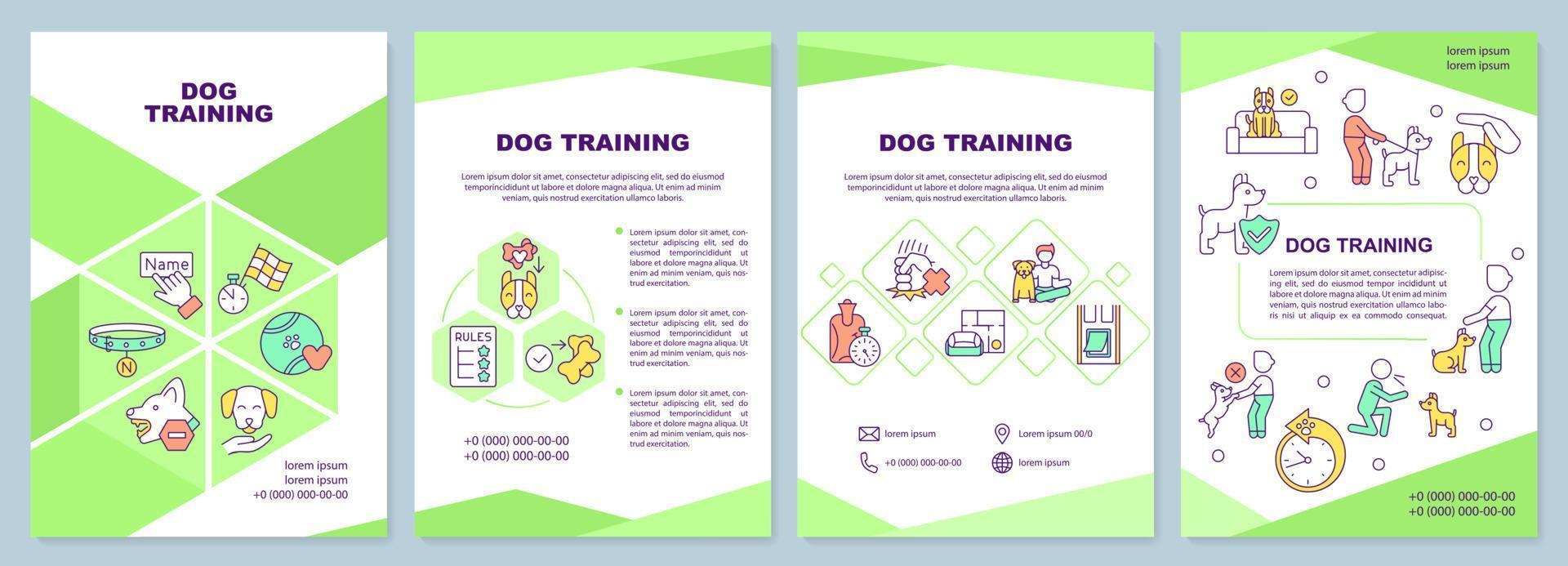 plantilla de folleto verde de entrenamiento de perros. Clase de obediencia canina. diseño de folletos con iconos lineales. 4 diseños vectoriales para presentación, informes anuales vector