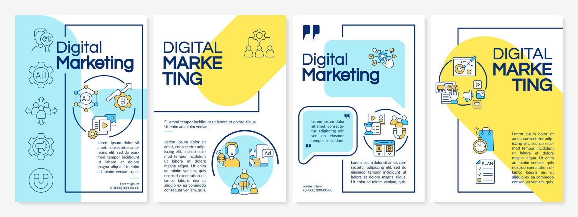 Digital marketing blue and yellow template. Online ads. Booklet print design with linear icons. Vector layouts for presentation, annual reports, ads