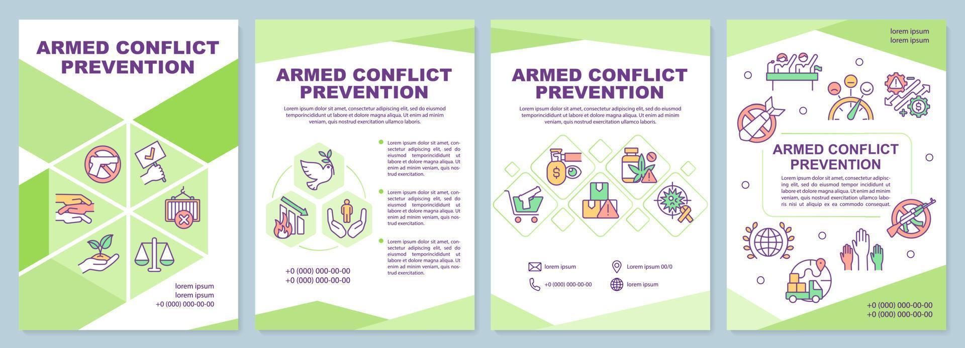 Armed conflict prevention green brochure template. Achieving peace. Leaflet design with linear icons. 4 vector layouts for presentation, annual reports.