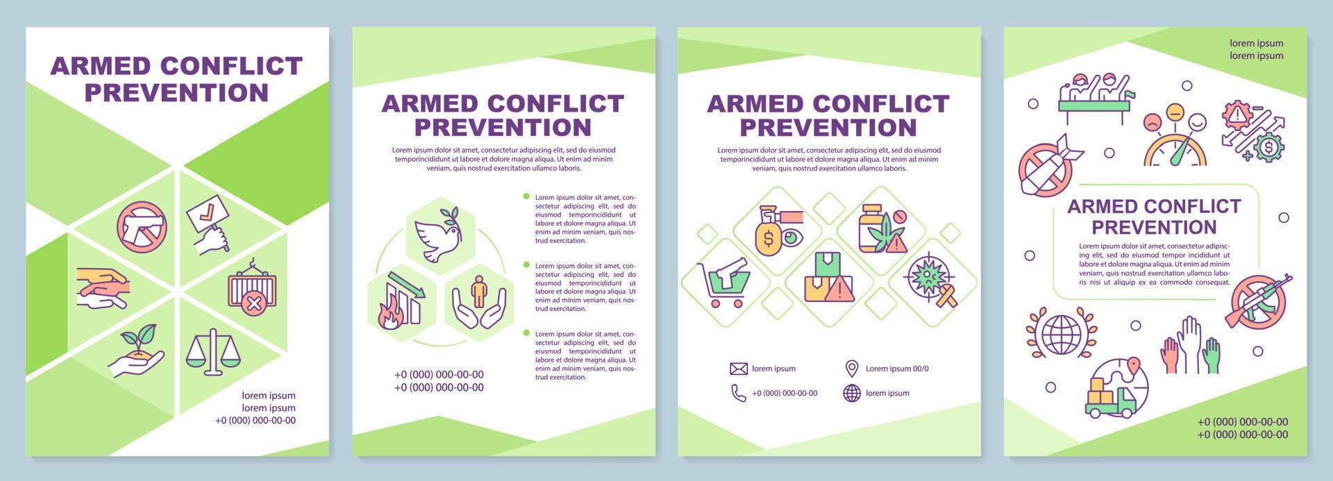 plantilla de folleto verde de prevención de conflictos armados. lograr la paz. diseño de folletos con iconos lineales. 4 diseños vectoriales para presentación, informes anuales. vector