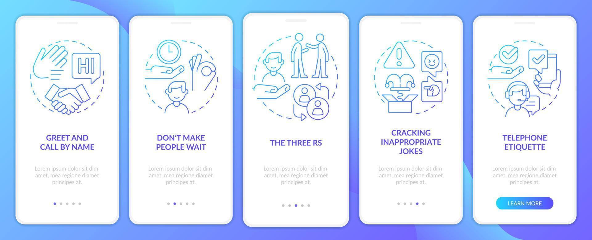 Business etiquette blue gradient onboarding mobile app screen. Walkthrough 5 steps graphic instructions pages with linear concepts. UI, UX, GUI template. vector