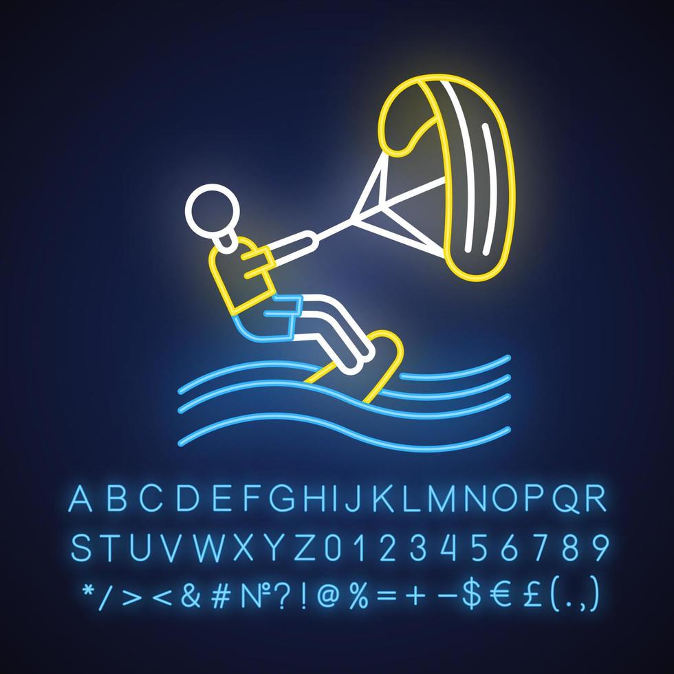 Kiteboarding neon light icon. Watersport, extreme kind of sport. Summer beach activity. Catching wave and power of wind. Glowing sign with alphabet, numbers and symbols. Vector isolated illustration